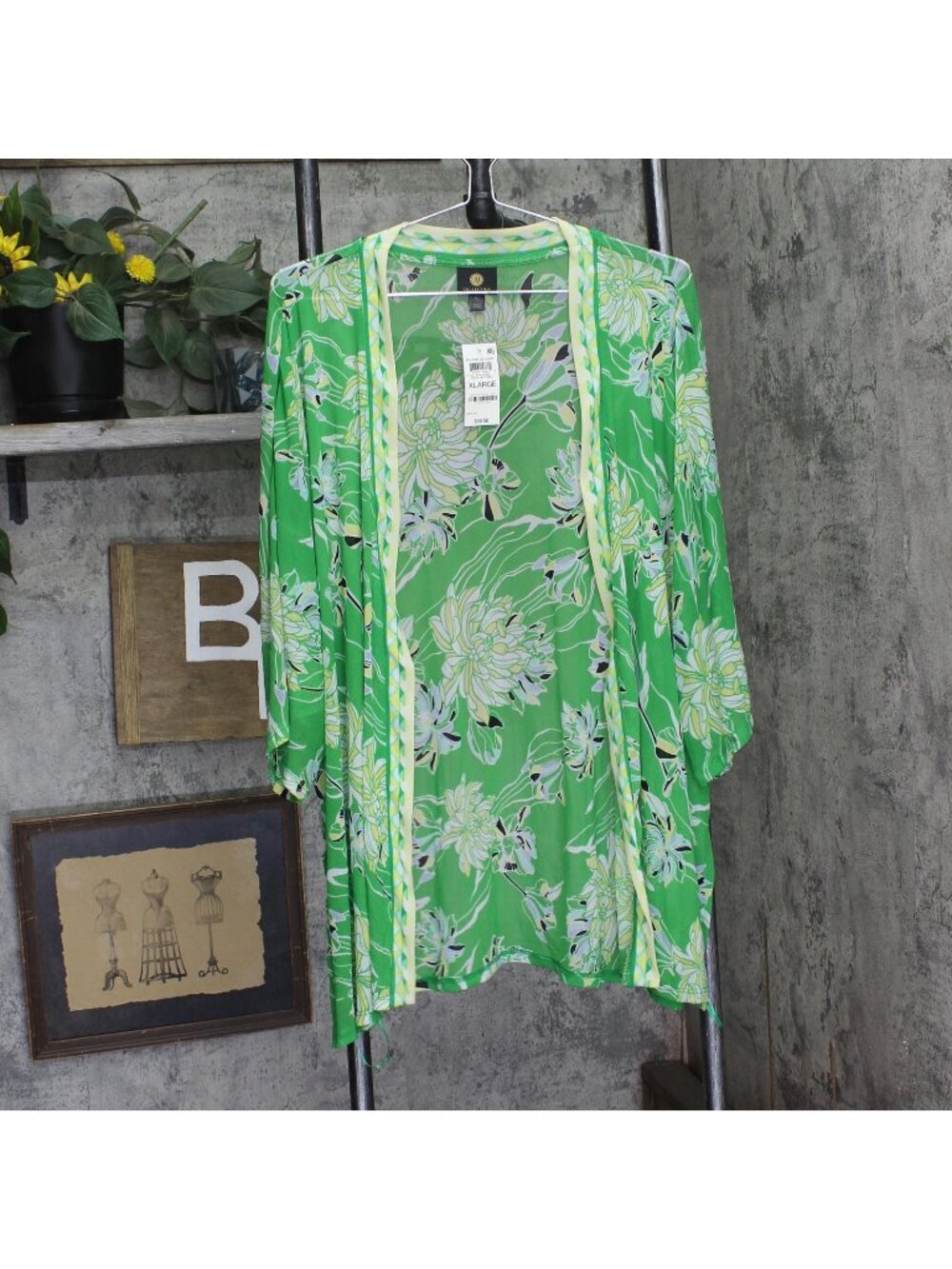 JM Collection Mesh Floral-Print Open-Front Cardigan Green Emerald Combo XL